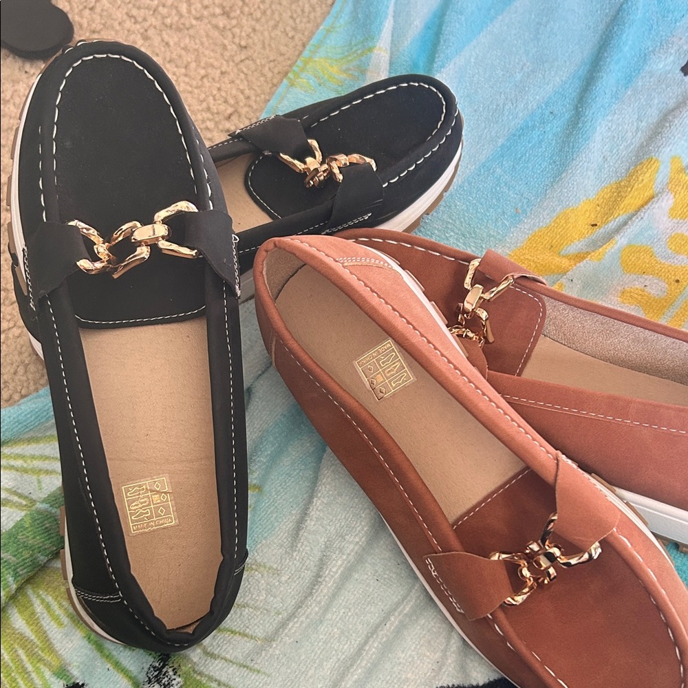 Black and Tan Loafers with Gold Accent